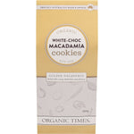 Organic Times 150g box of White Choc Macadamia Cookies featuring golden bite-sized biscuits and organic ingredients.