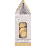 Side view of Organic Times White Choc Macadamia Cookies 150g box showing organic certification and product details.