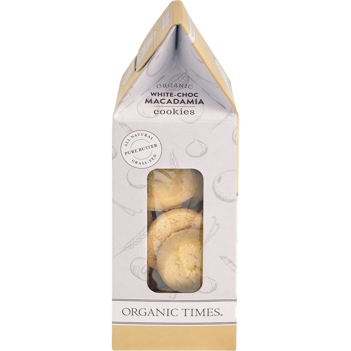 Side view of Organic Times White Choc Macadamia Cookies 150g box showing organic certification and product details.