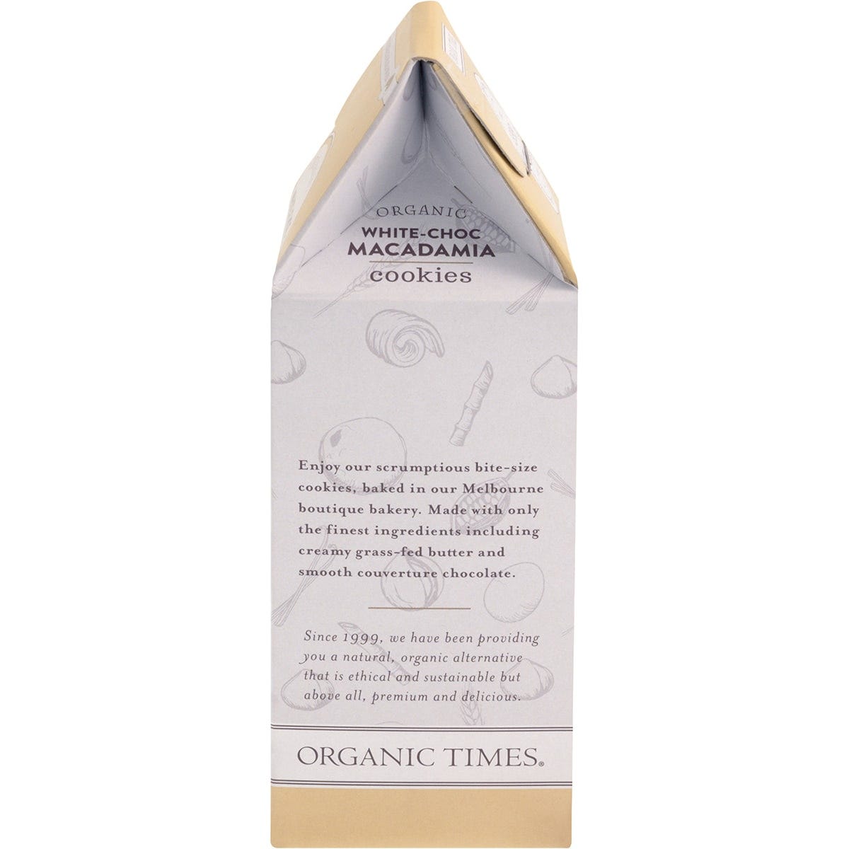Right side of Organic Times White Choc Macadamia Cookies 150g box showing barcode and recycling information.