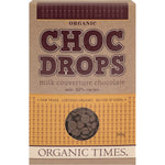 200g bag of Organic Times Milk Chocolate Drops with a clear window showing smooth, round couverture chocolate discs.