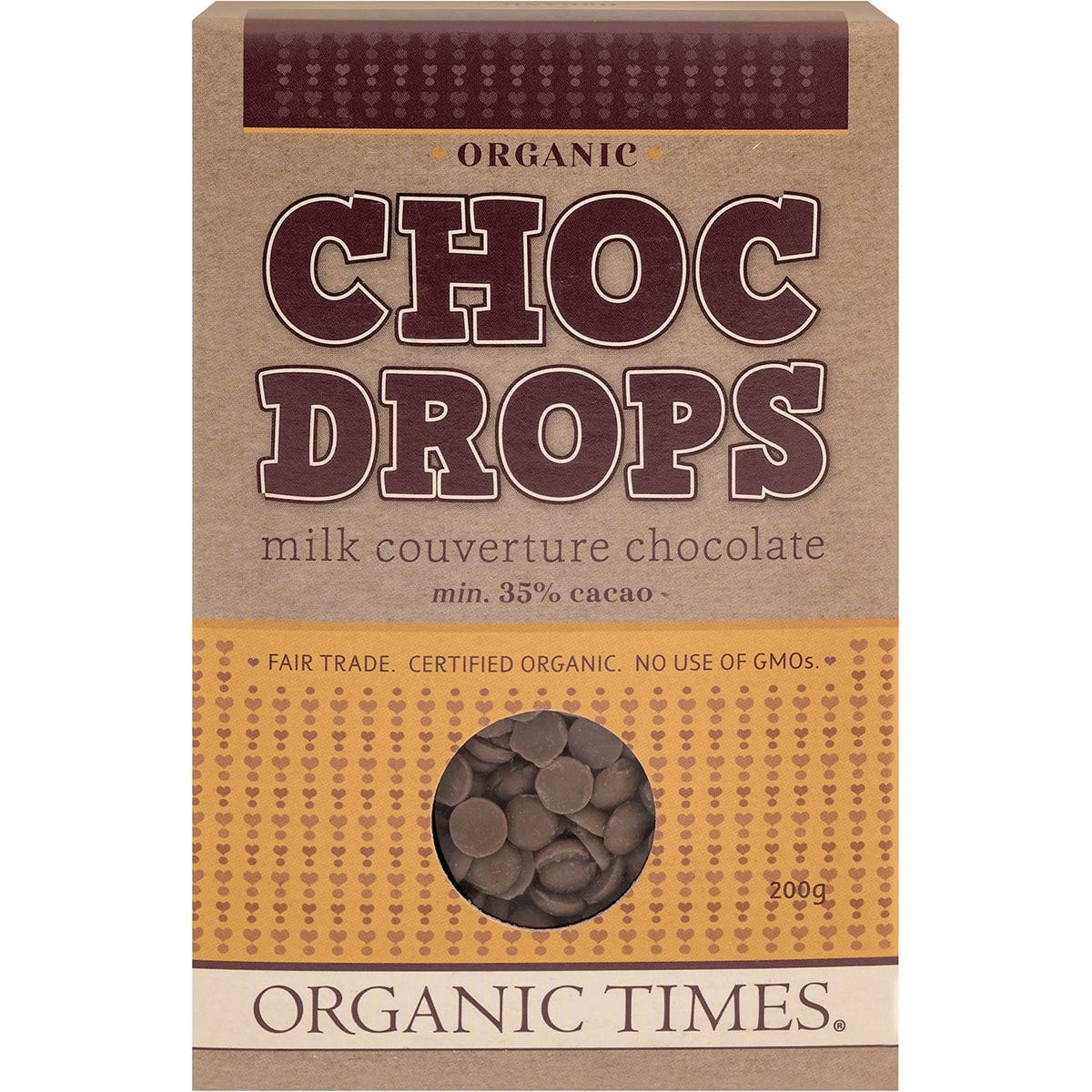200g bag of Organic Times Milk Chocolate Drops with a clear window showing smooth, round couverture chocolate discs.