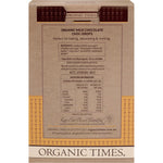 Back of Organic Times Milk Chocolate Drops 200g bag showing ingredients, nutritional facts, and organic certification.
