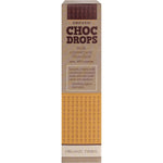 Side view of Organic Times Milk Chocolate Drops 200g bag highlighting organic and fair-trade certifications.