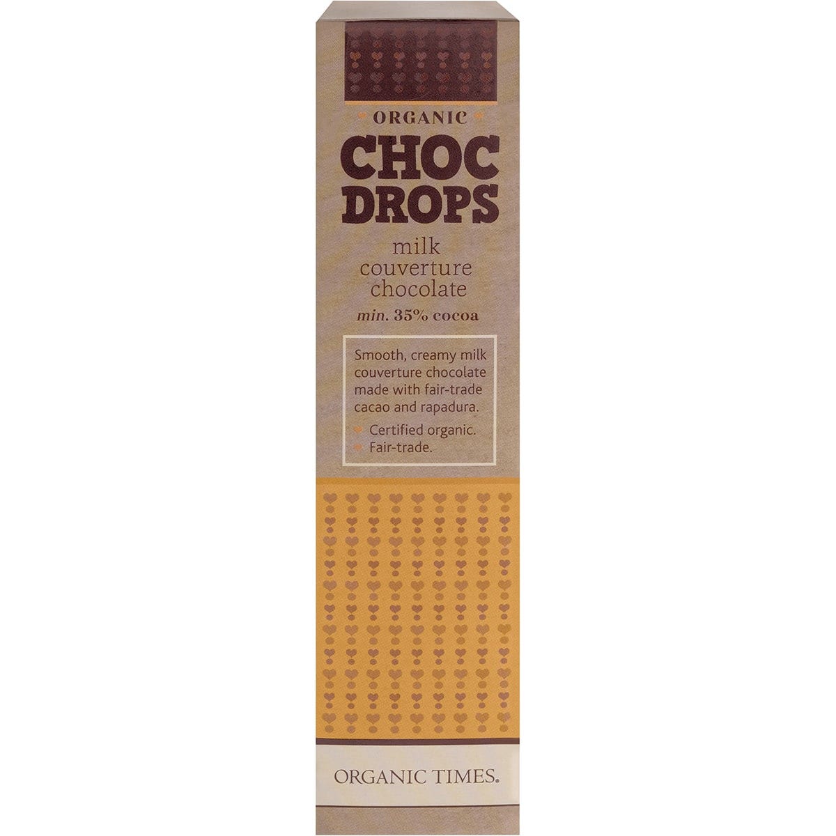 Side view of Organic Times Milk Chocolate Drops 200g bag highlighting organic and fair-trade certifications.