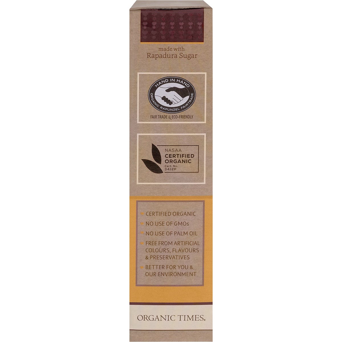Right side of Organic Times Milk Chocolate Drops 200g bag showing barcode and certified organic logo.