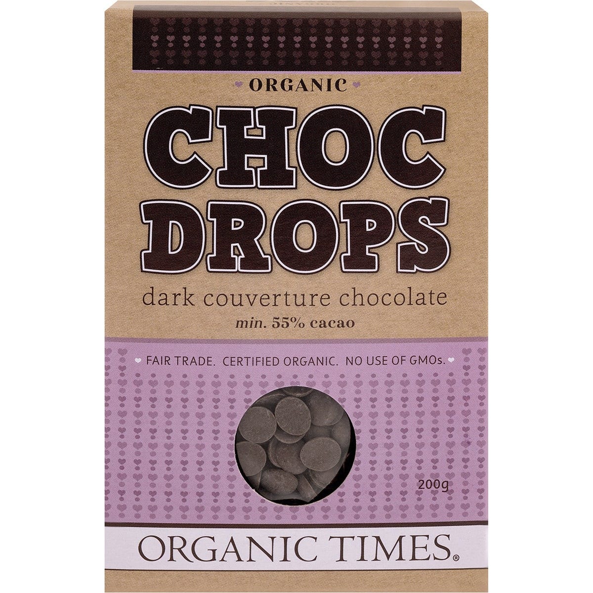 200g bag of Organic Times Dark Couverture Choc Drops for baking and snacking on a white background.