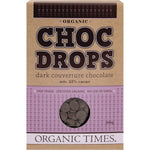 200g bag of Organic Times Dark Couverture Choc Drops for baking and snacking on a white background.