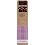 Side view of Organic Times 200g Dark Choc Drops bag highlighting its organic and fair-trade certifications.