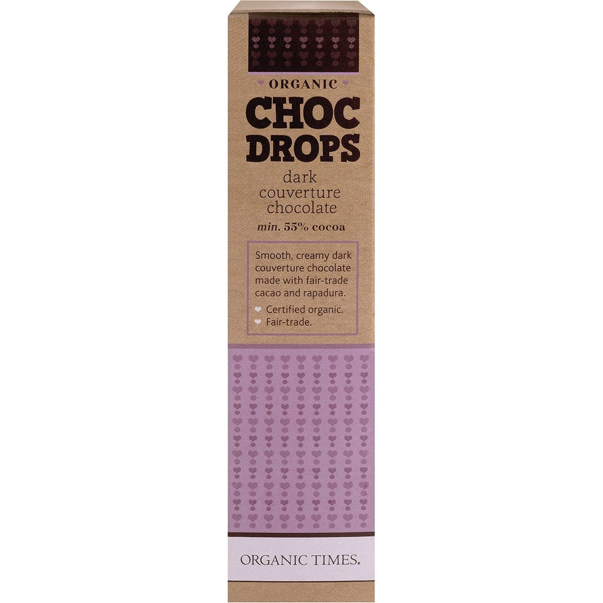 Side view of Organic Times 200g Dark Choc Drops bag highlighting its organic and fair-trade certifications.