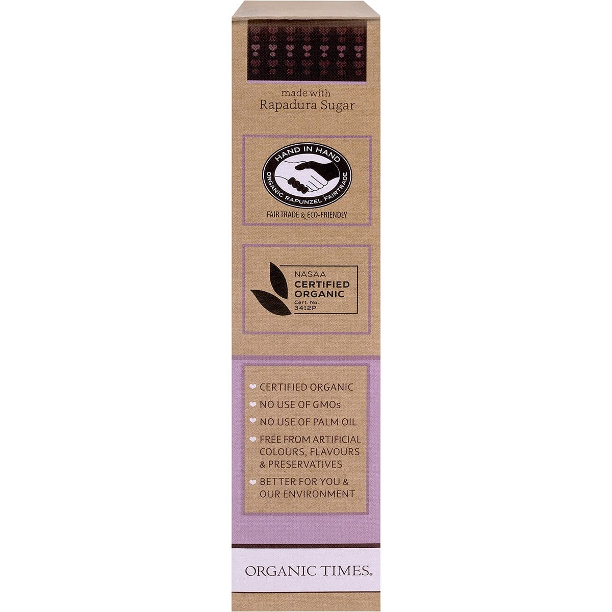 Right side of Organic Times 200g Dark Choc Drops bag showing product features and Australian-made logo.