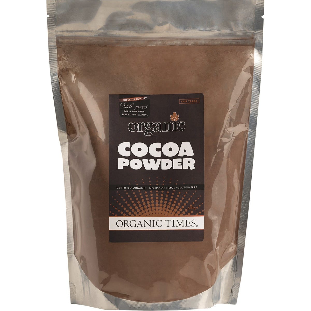 500g bag of Organic Times Dutch-process Cocoa Powder with a rich chocolate design on a white background.