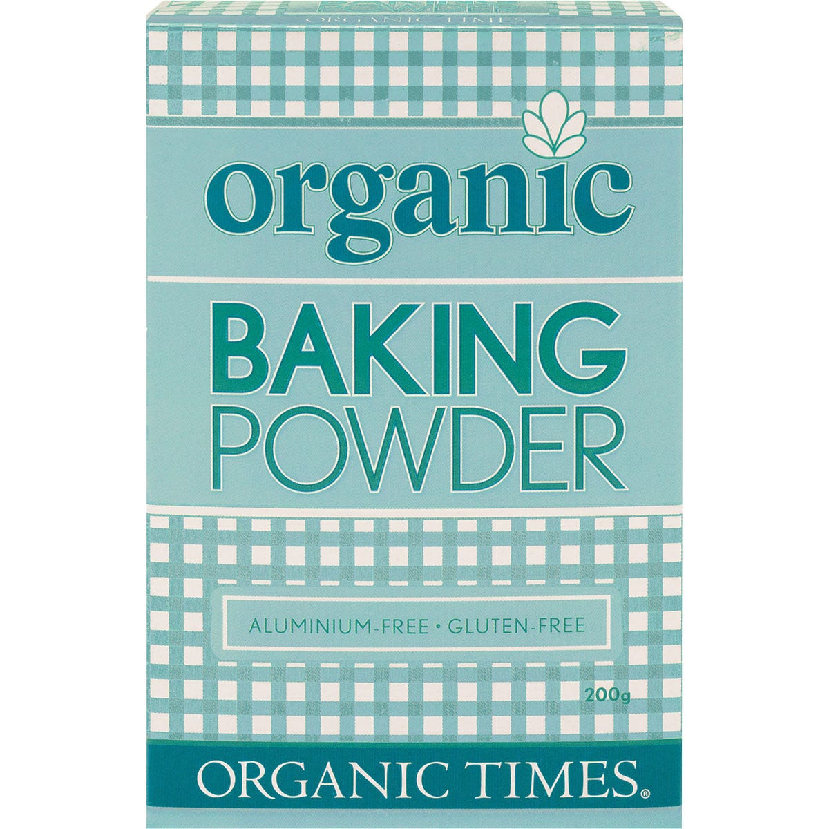 200g tub of Organic Times Baking Powder, a certified organic and aluminium-free leavening agent for baking.