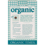 Back of Organic Times 200g Baking Powder tub showing nutritional information and certified organic ingredients.