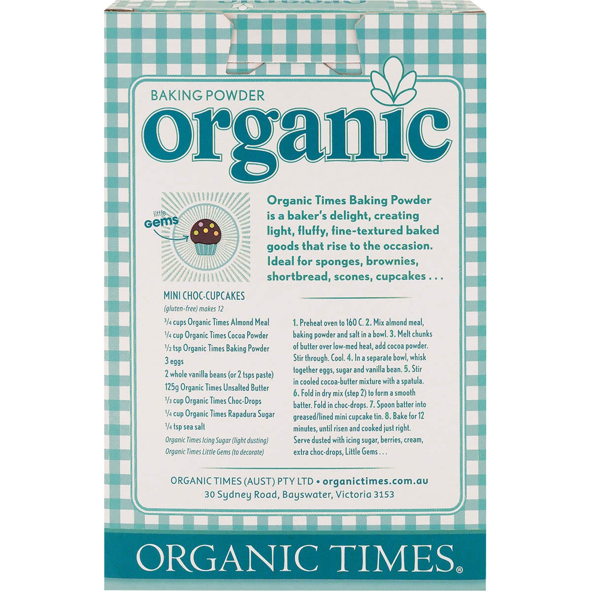 Back of Organic Times 200g Baking Powder tub showing nutritional information and certified organic ingredients.