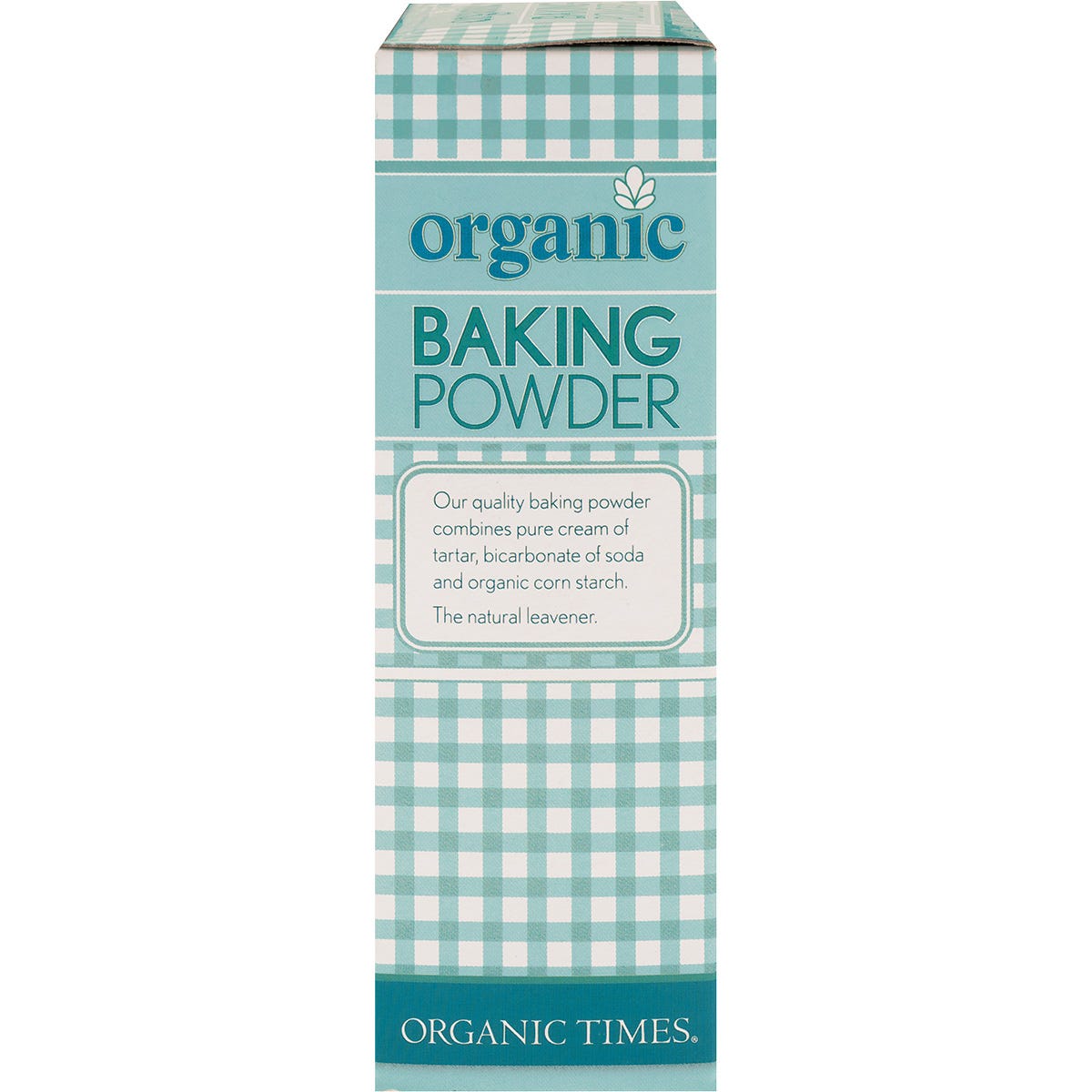 Side view of Organic Times Baking Powder 200g tub highlighting it is aluminium-free and certified organic.
