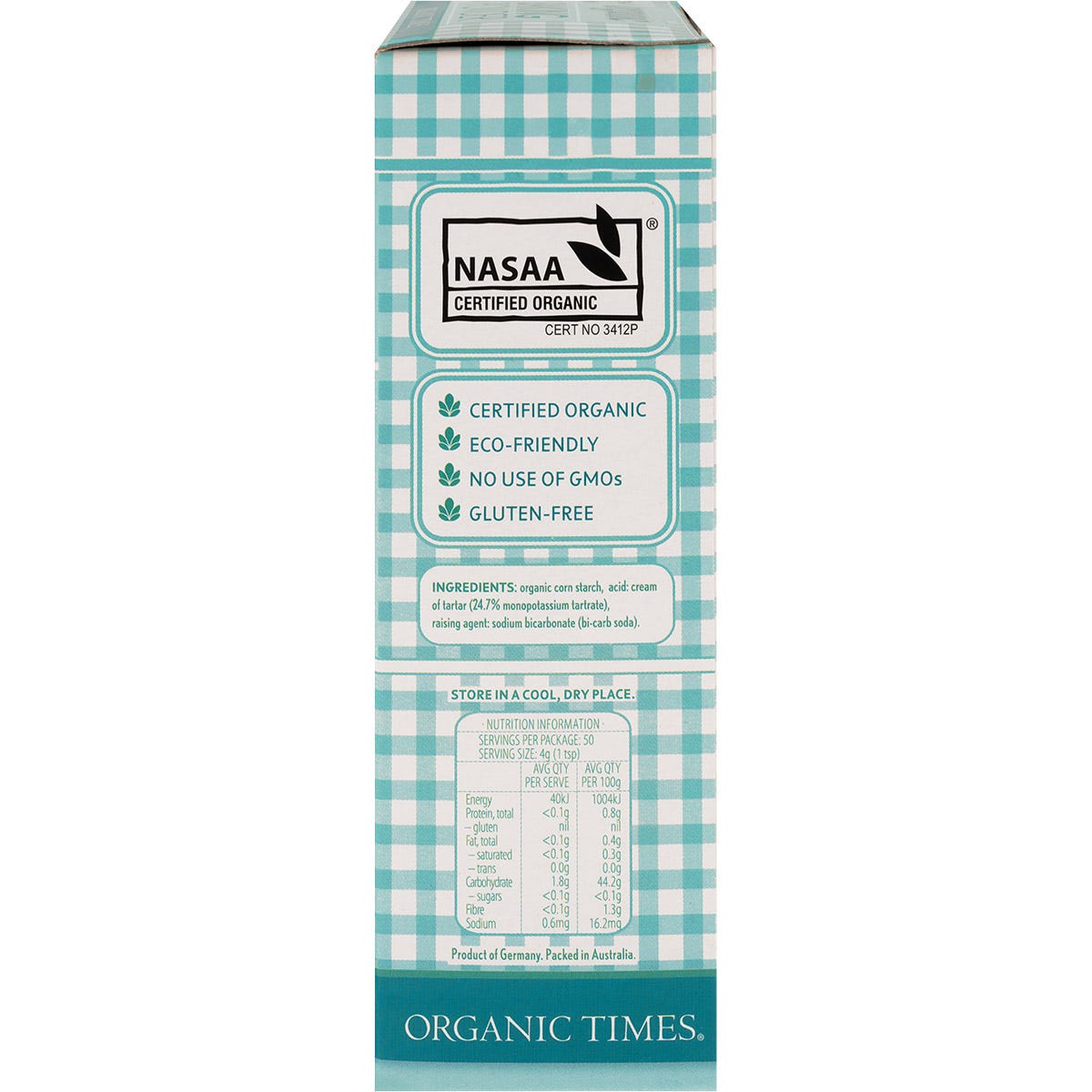 Side view of Organic Times Baking Powder 200g tub showing its aluminium-free and gluten-free status on a blue label.