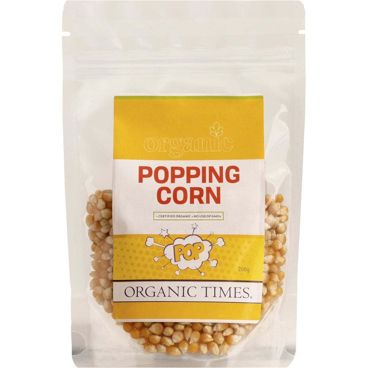 200g bag of Organic Times Popping Corn featuring Australian-grown organic corn kernels on a white background.
