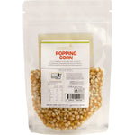 Back of an Organic Times Popping Corn 200g bag with product information and cooking instructions.