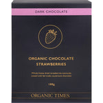 100g bag of Organic Times Dark Chocolate Strawberries featuring freeze-dried berries coated in dark chocolate.