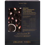 Rear of Organic Times Dark Chocolate Strawberries 100g bag showing ingredients, nutritional facts, and organic certification.