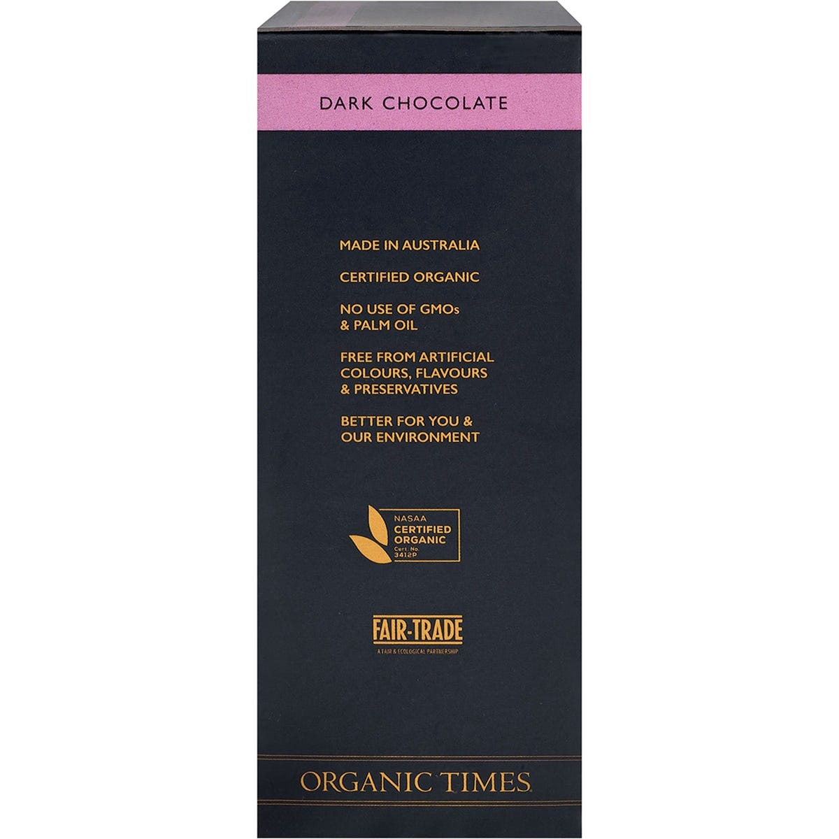 Side view of Organic Times Dark Chocolate Strawberries 100g bag highlighting organic and fair-trade features.