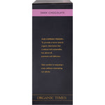Right side of Organic Times Dark Chocolate Strawberries 100g bag showing product features and Australian made logo.