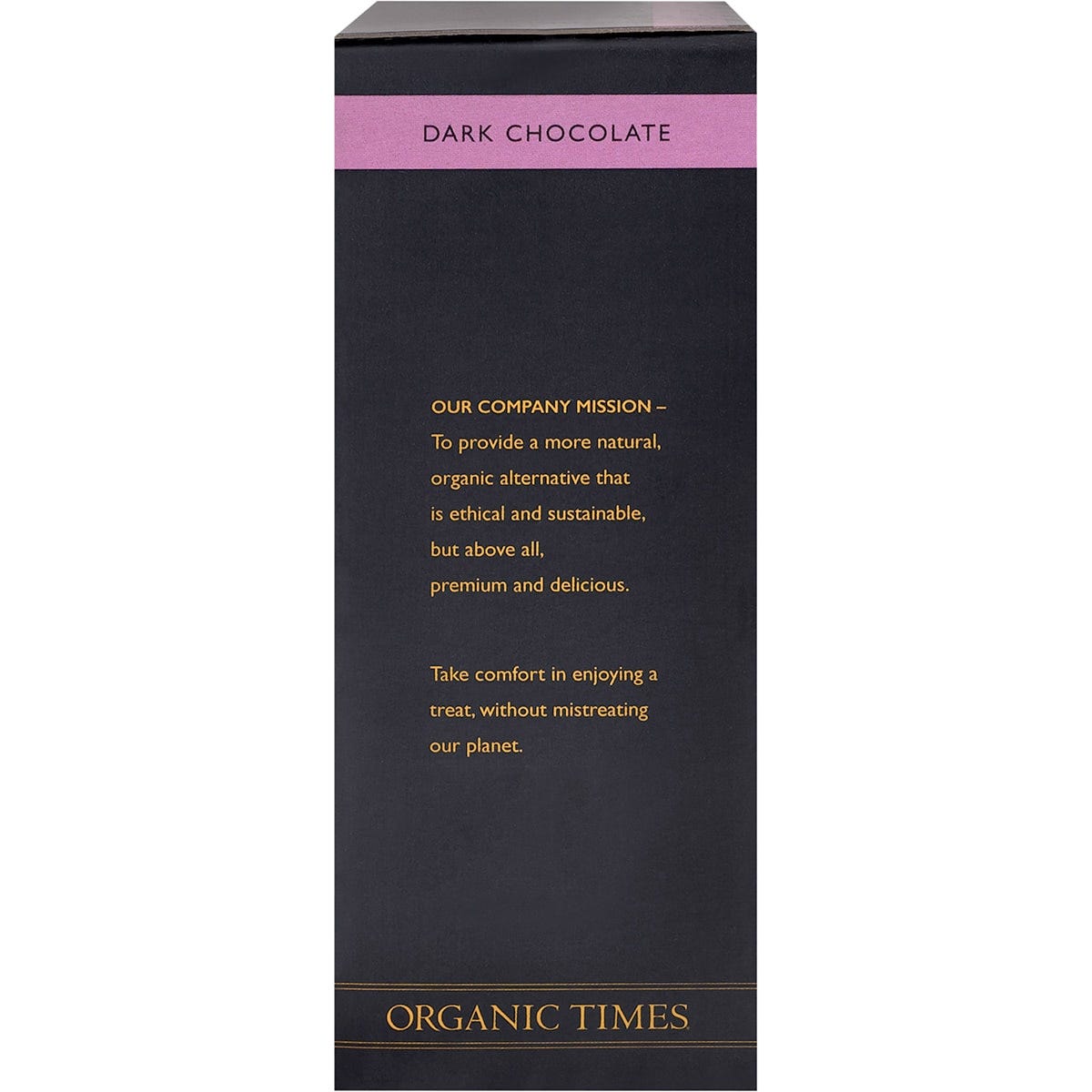 Right side of Organic Times Dark Chocolate Strawberries 100g bag showing product features and Australian made logo.