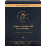 100g bag of Organic Times Milk Chocolate Strawberries featuring freeze-dried fruit coated in organic milk chocolate.
