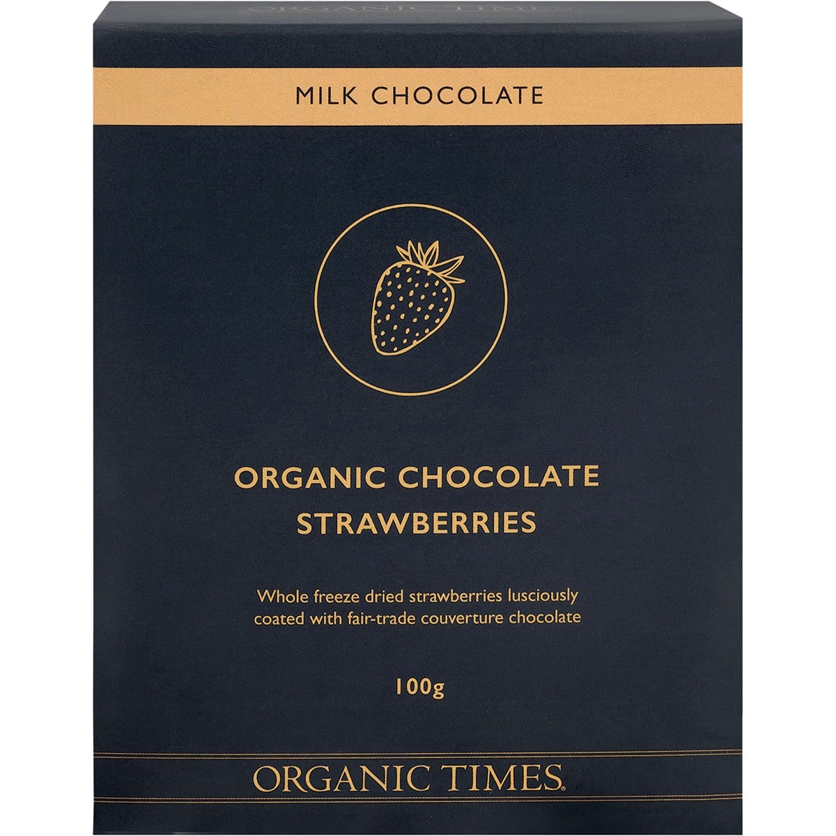 100g bag of Organic Times Milk Chocolate Strawberries featuring freeze-dried fruit coated in organic milk chocolate.