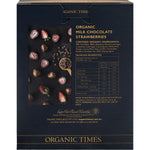The back of an Organic Times Milk Chocolate Strawberries 100g bag, showing product details and ingredients.