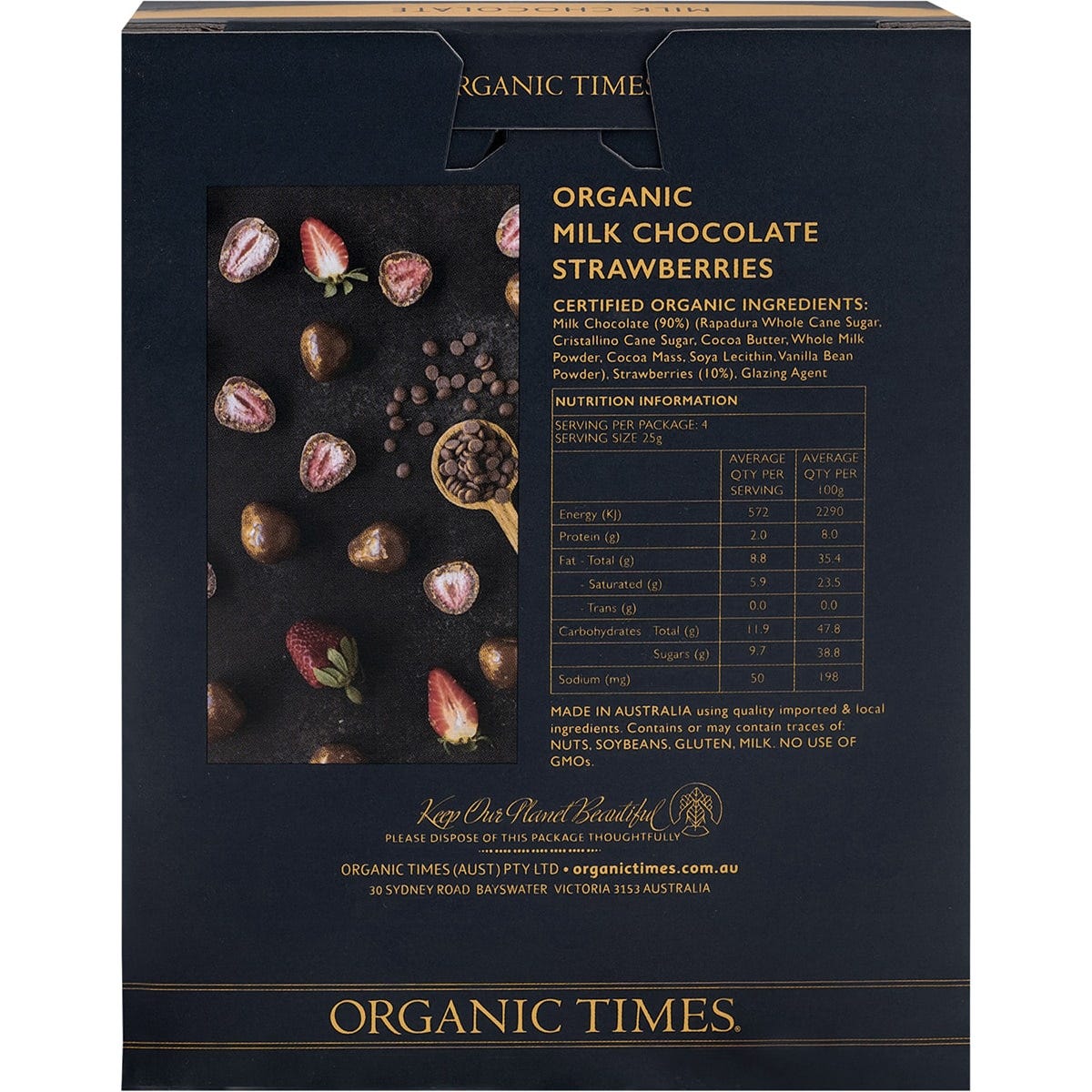 The back of an Organic Times Milk Chocolate Strawberries 100g bag, showing product details and ingredients.