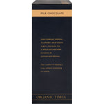 Side view of Organic Times Milk Chocolate Strawberries 100g bag with product features and organic certification logos.