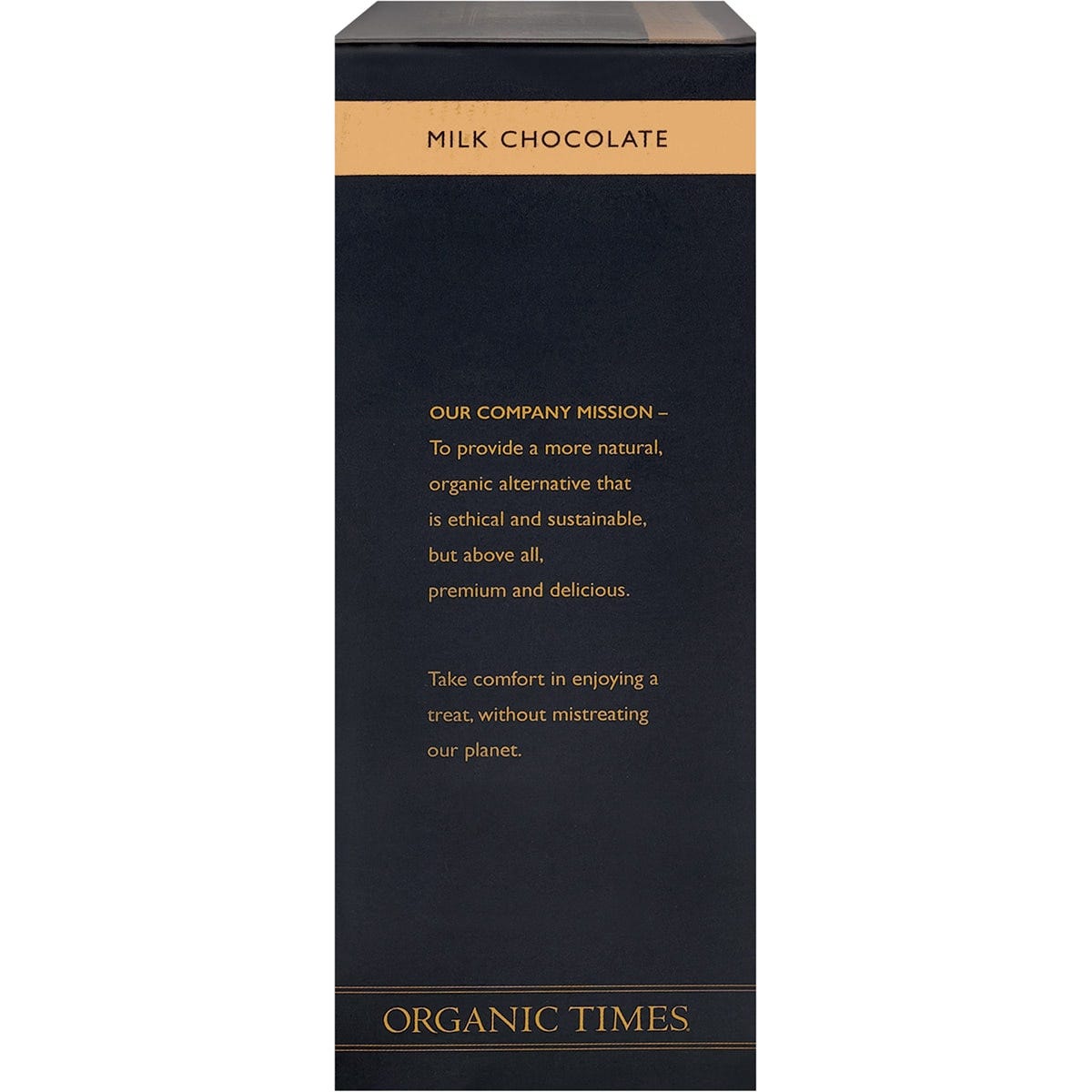 Side view of Organic Times Milk Chocolate Strawberries 100g bag with product features and organic certification logos.