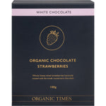 Organic Times White Chocolate Strawberries 100g bag with organic freeze-dried strawberries coated in white chocolate.