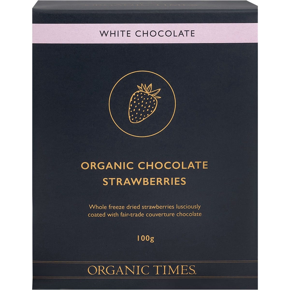 Organic Times White Chocolate Strawberries 100g bag with organic freeze-dried strawberries coated in white chocolate.