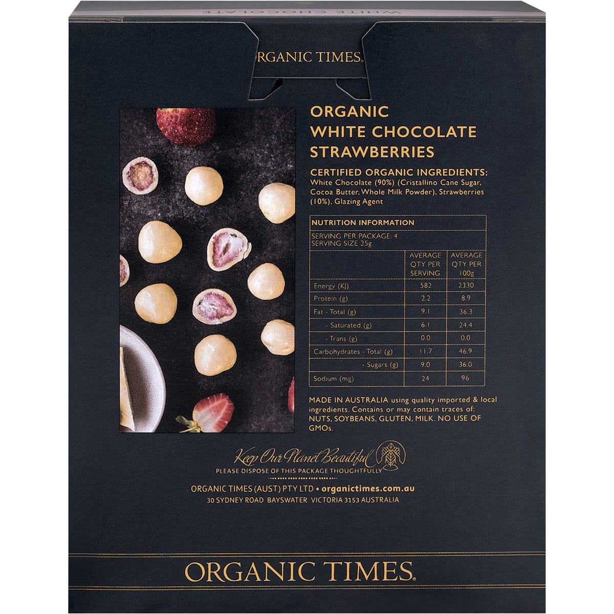 The back of an Organic Times White Chocolate Strawberries 100g bag showing the ingredients and nutrition facts.