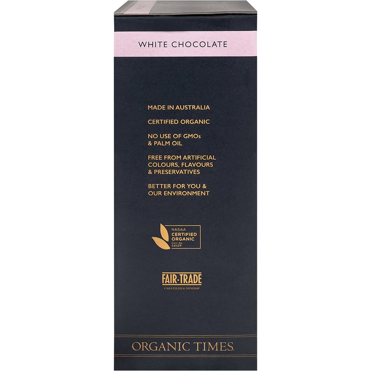 Side view of Organic Times White Chocolate Strawberries 100g bag highlighting organic and fair-trade features.