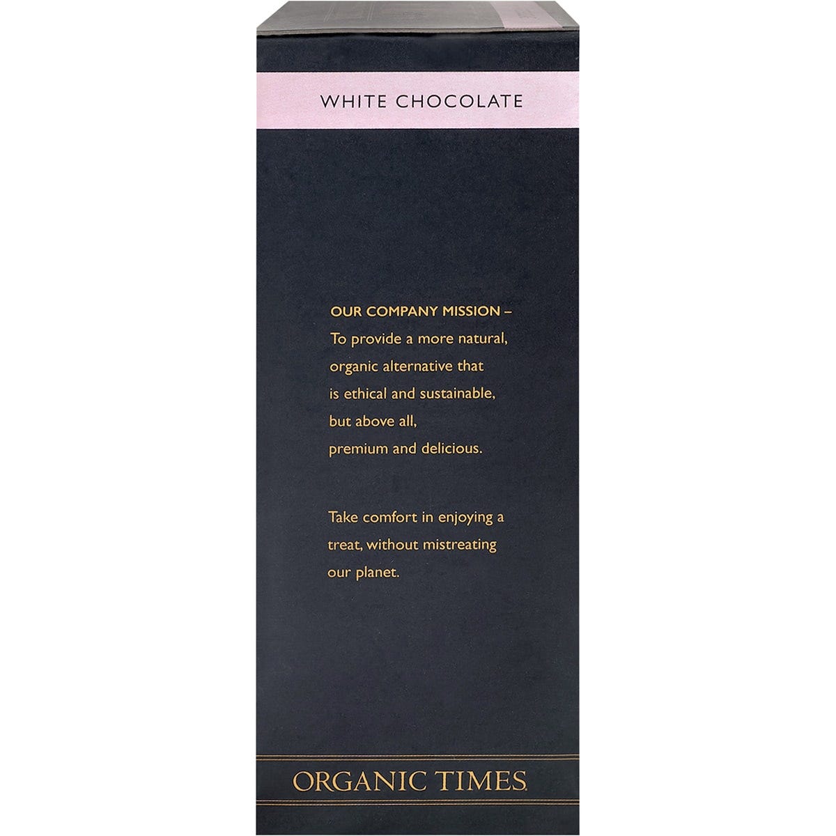 Right side of Organic Times White Chocolate Strawberries 100g bag showing product features and barcode.
