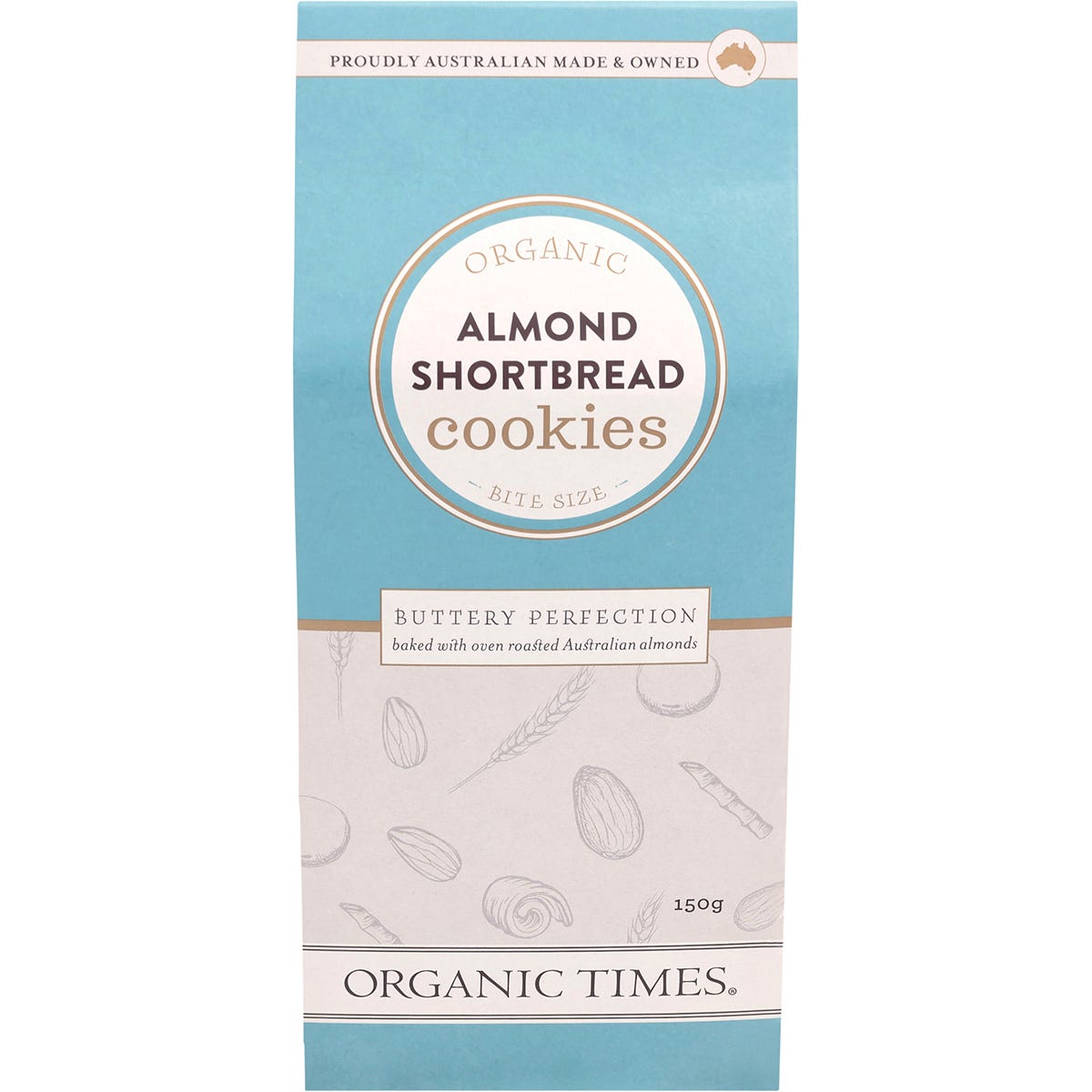150g bag of Organic Times Almond Shortbread Cookies featuring bite-sized biscuits with roasted organic almonds.