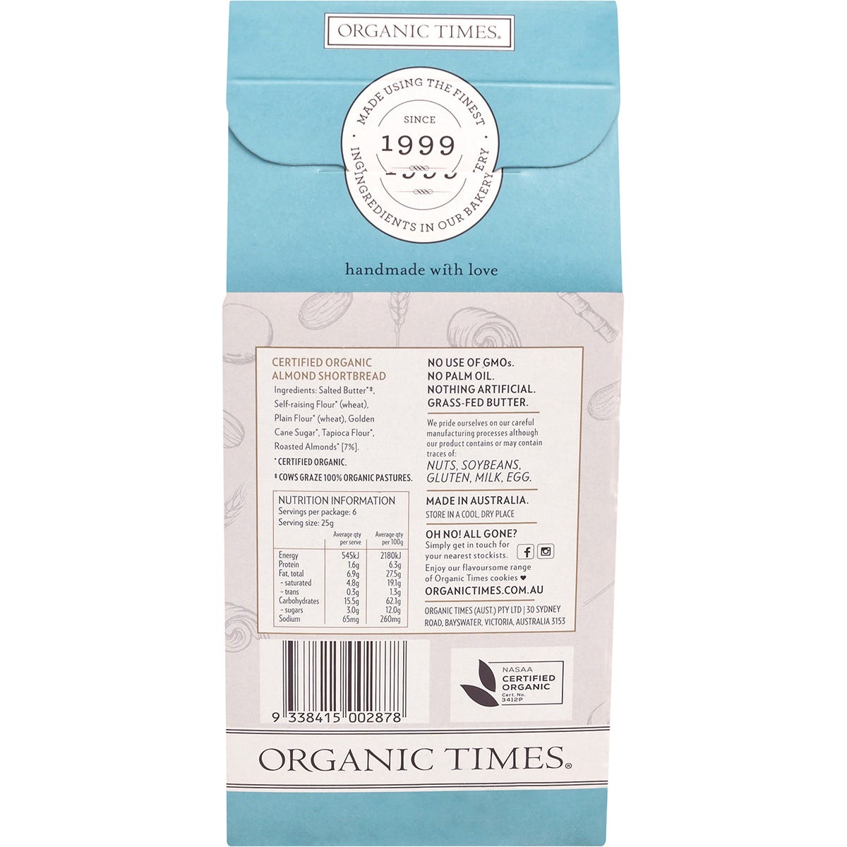 The back of an Organic Times Almond Shortbread 150g bag showing nutritional facts and organic ingredients.