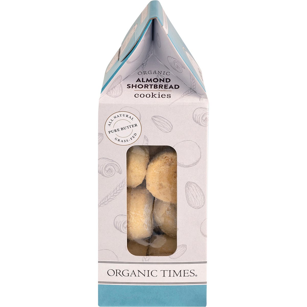 Side view of Organic Times Almond Shortbread 150g bag showing product benefits and certified organic logos.