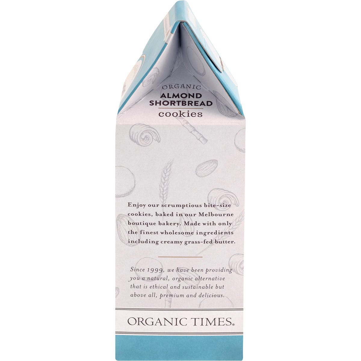 Right side of Organic Times Almond Shortbread 150g bag showing product features and a "Made in Australia" logo.