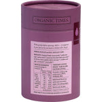 Back of Organic Times Drinking Chocolate 200g tub showing ingredients, nutritional facts, and organic certifications.