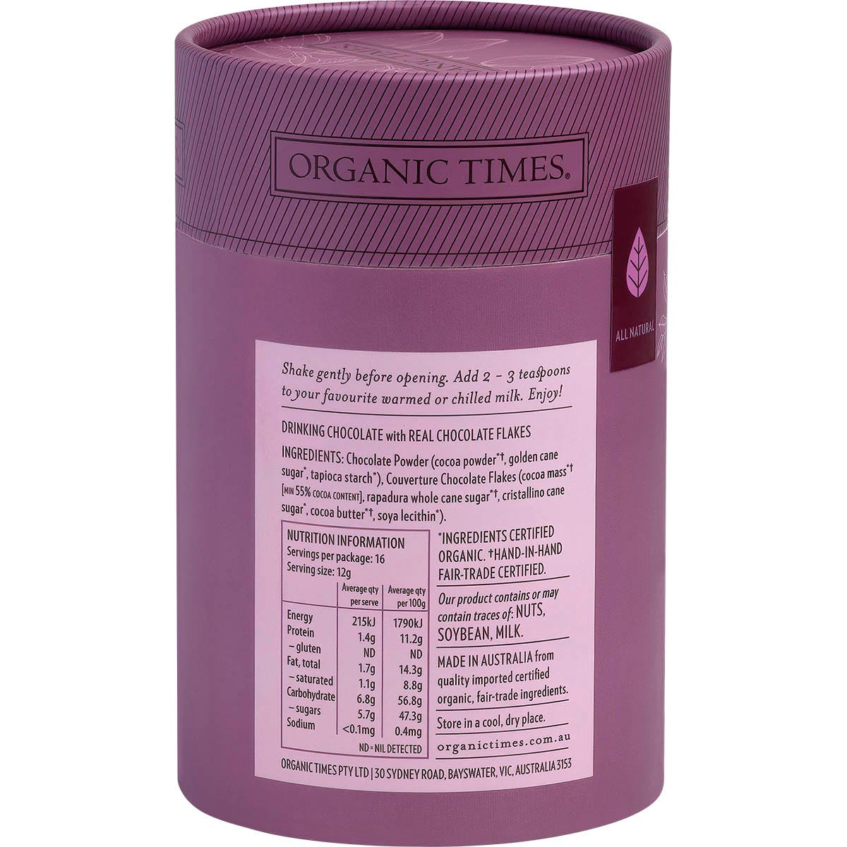 Back of Organic Times Drinking Chocolate 200g tub showing ingredients, nutritional facts, and organic certifications.