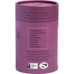 Side view of an Organic Times Drinking Chocolate 200g tub showing product features and a certified organic logo.