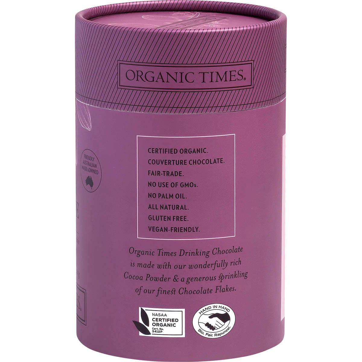 Side view of an Organic Times Drinking Chocolate 200g tub showing product features and a certified organic logo.
