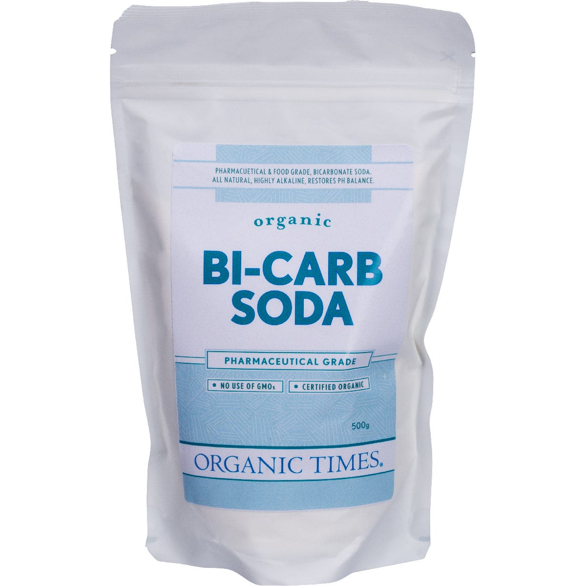 500g resealable bag of Organic Times Bi-Carb Soda, certified organic and pharmaceutical grade.