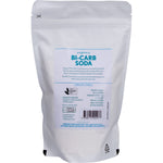 Back of a 500g Organic Times Bi-Carb Soda bag featuring product details and usage instructions.