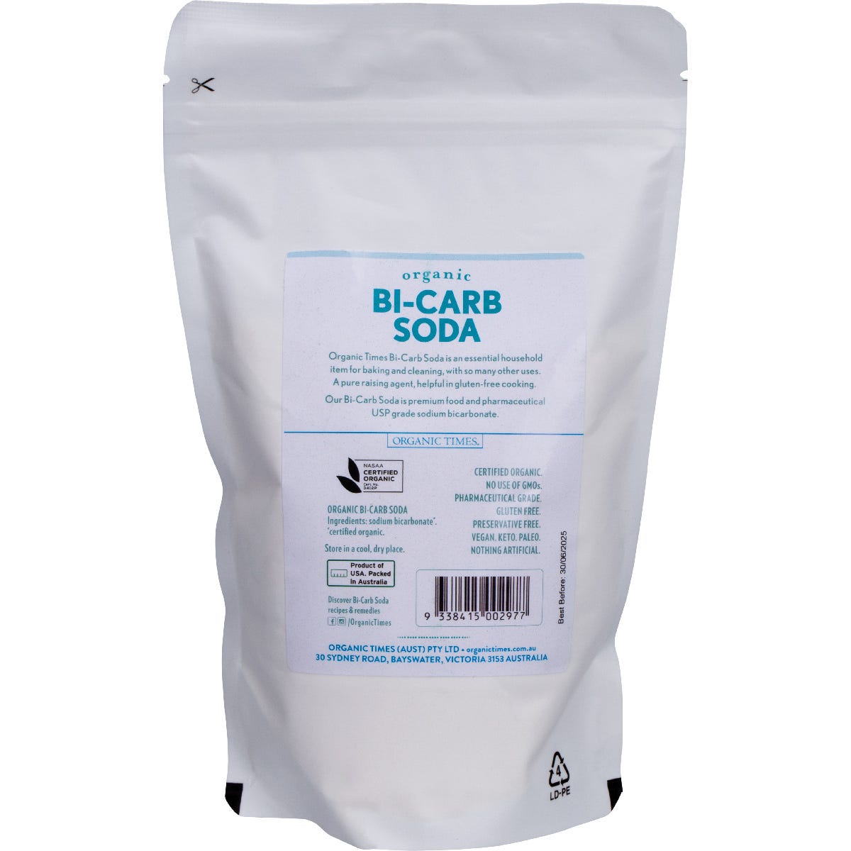 Back of a 500g Organic Times Bi-Carb Soda bag featuring product details and usage instructions.